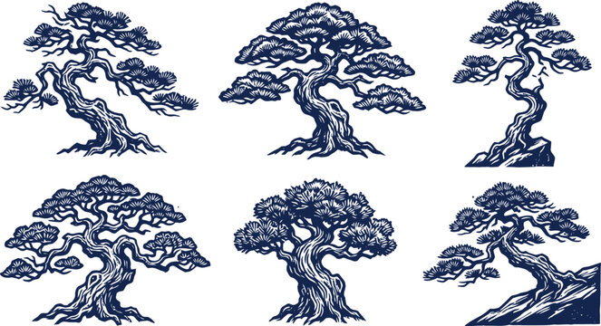 Traditional blue hand drawn pine bonsai trees vector set on transparent background for asian design element project