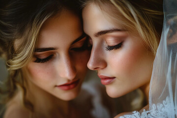 Obraz premium Generative AI image of lesbian wedding showing same sex love between two brides under floral arch outdoors
