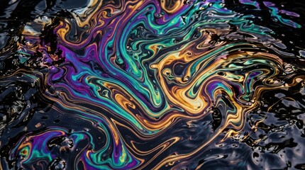 Naklejka premium Abstract oil slick surface showing iridescent colors creating beautiful organic patterns, symbolizing environmental impact and pollution from industrial waste.