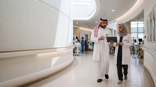 Collaboration in Healthcare: A doctor and a patient discuss a medical case on a tablet in a modern hospital corridor, showcasing a partnership in patient care.