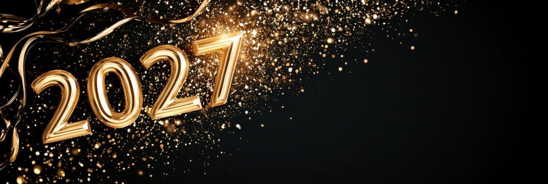 Festive and elegant new year 2027 celebration background with sparkling gold elements and copy space