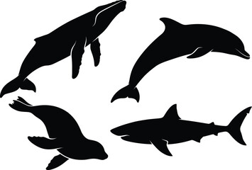Marine life silhouette collection with whale dolphin shark and seal for ocean conservation projects. © Jahanara