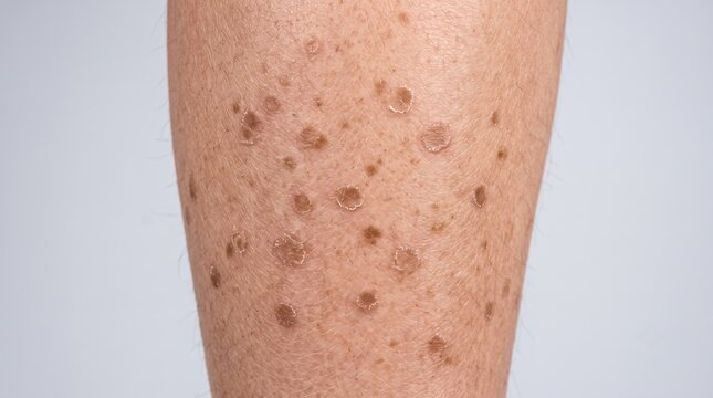 Close up view of human leg shin showing multiple round nummular eczema lesions