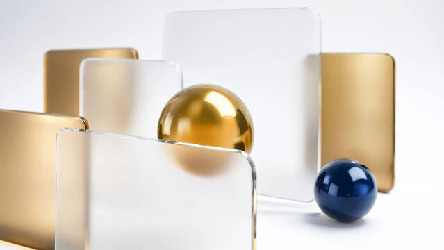 Abstract composition of gold spheres and frosted glass panels on a white background.