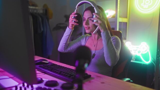 Woman adjusts white headset and types on keyboard while speaking into a microphone in studio; focused streaming.