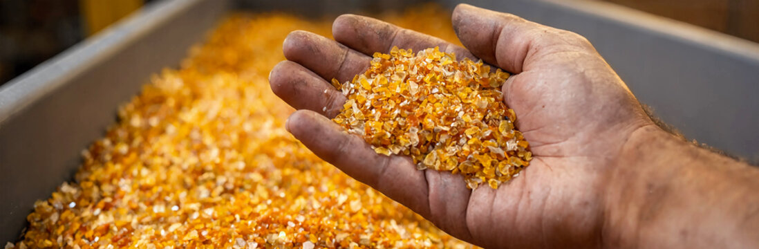 Hand holding amber recycled plastic granules for industrial manufacturing and production.