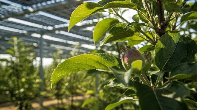 Orchard agrivoltaics apple tree fruit green leaf solar panel farm sunlight shade sustainable structure young fruit sunshade