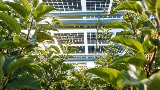 Orchard agrivoltaics solar panel farm with green leaf crop and sunlight, sustainable plant growth elevated panel array with apple tree orchard farm