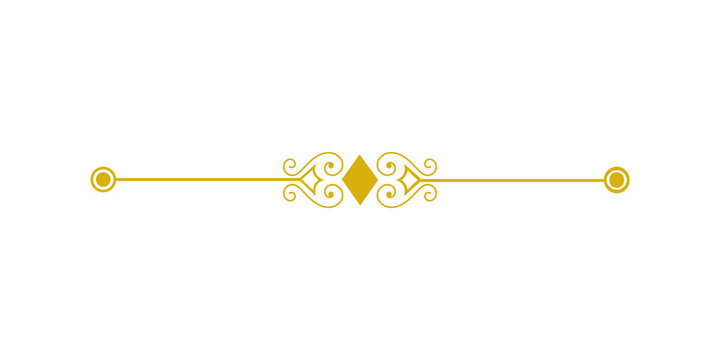Elegant golden ornamental divider with a central diamond shape and decorative swirls isolated on transparent background