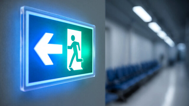 Illuminated emergency exit sign with directional arrow in a modern office hallway.