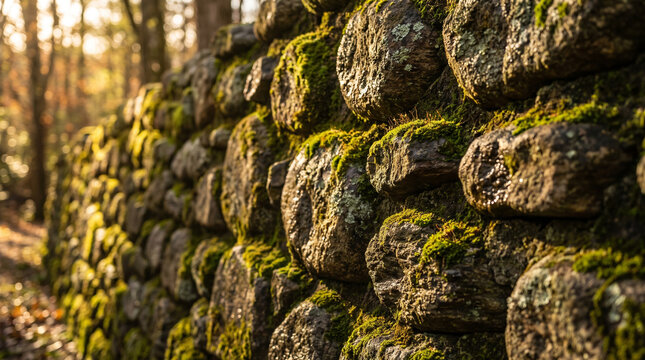 Historic mossy stone wall illuminated by golden hour sunlight in peaceful forest setting representing natural boundaries