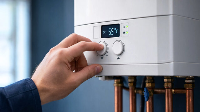 Hand adjusting temperature knob on a modern home gas boiler heating system