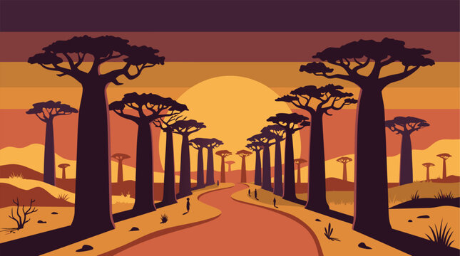 Pixel Art Illustration of a Winding Path Through an African Baobab Forest at Sunset Offering a Scenic Perspective of a Savannah Landscape