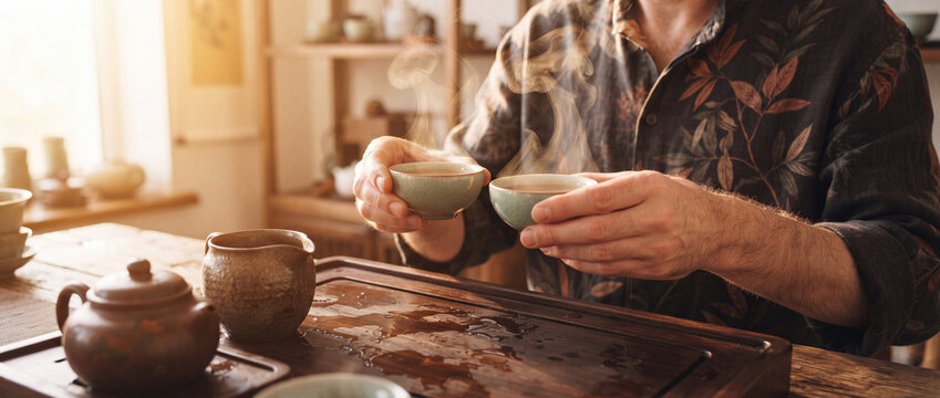 Tea ceremony with steaming ceramic cups held by a man over a wooden tea tray with clay teapot in warm sunlight, perfect for wellness, relaxation, and mindful culture