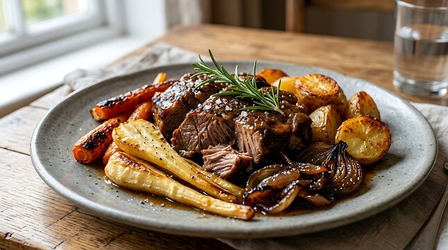 Delicious slow cooked beef brisket served with roasted carrots and parsnips on a grey plate at home. pork shoulder recipe