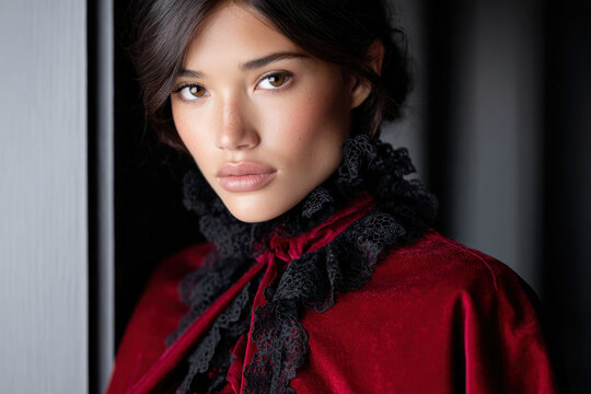 Young woman in elegant red velvet gothic costume with lace ruffle collar in moody portrait