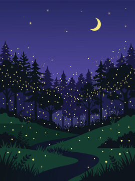 Fireflies glowing in a dark forest at night under a crescent moon, a flat vector illustration depicting a magical serene woodland nature scenery