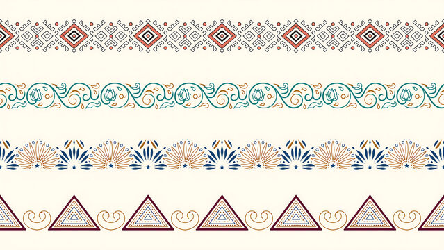 Four horizontal decorative borders with geometric and floral patterns isolated on a transparent background