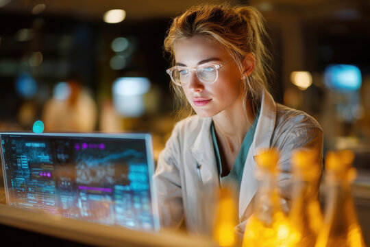 Female scientist analyzing glowing data on laptop screen in a modern laboratory at night