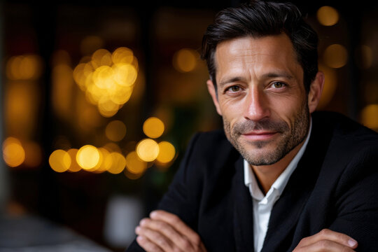 Mature confident man in dark suit relaxing in warm bokeh restaurant interior portrait