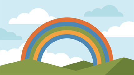 Fototapeta premium Vibrant rainbow arching over green hills with fluffy clouds in a clear blue sky, flat design illustration