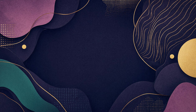 Abstract luxury background with dark purple shapes and gold glitter texture elements