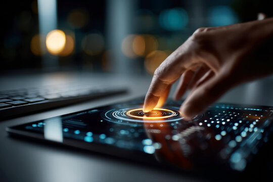 Finger touching glowing data interface on tablet screen for digital business technology concept