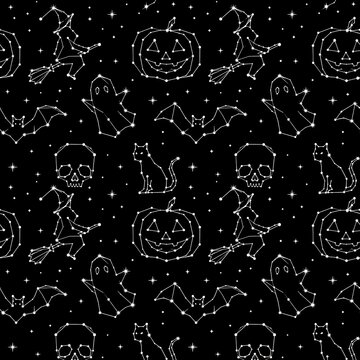 Halloween constellation seamless pattern with witch, pumpkin, ghost, skull, bat and black cat starry night vector background