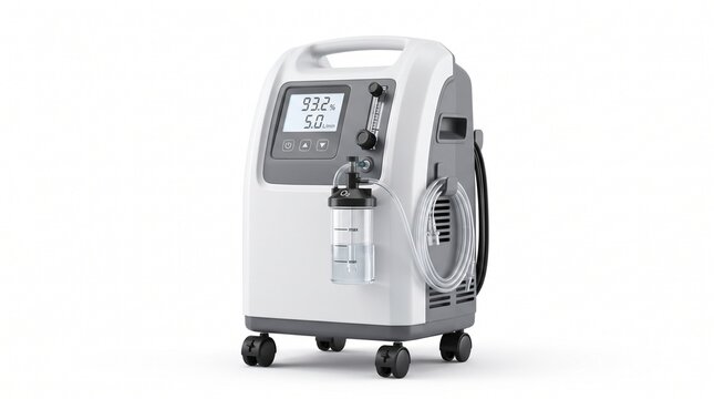 White and gray portable oxygen concentrator on wheels. Digital display shows 93.2% and 5.0 L/min, with humidifier bottle, flow meter, tubing, and carry handle.