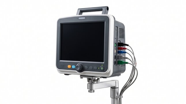 Portable patient monitor on mounting arm with handle. Gray and white unit with screen, control knob, buttons, and multiple color-coded ECG cables attached.