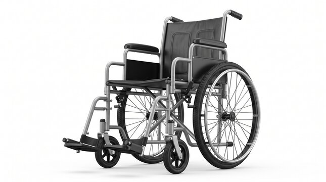 Manual wheelchair with silver metal frame and black cushioned seat and backrest. Features large rear wheels, small front casters, armrests, footrests, and push handles.