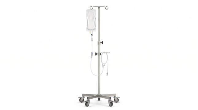 Stainless steel IV pole on wheels with 5 caster base. Holds a clear IV bag with tubing and drip chamber, featuring adjustable height and hook top.