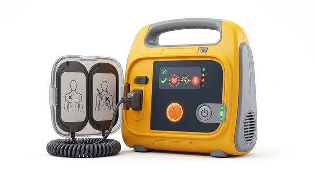 Yellow and gray portable AED defibrillator with handle. Shows digital display with icons, orange shock button, power button, and two electrode pads with placement diagrams.