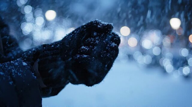 Gloved hand catches falling snow as snowflakes gather on the mitten against blurred winter lights, evoking a peaceful snowy evening
