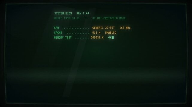 Retro green CRT computer boot sequence with system BIOS test and operating system loading screen