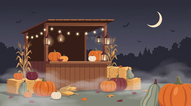 Autumn Fall Harvest Festival Farm Stand with Pumpkins Hay Bales and String Lights Night Vector Background