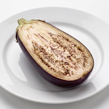 Fresh raw eggplant sliced in half lengthwise on a white plate