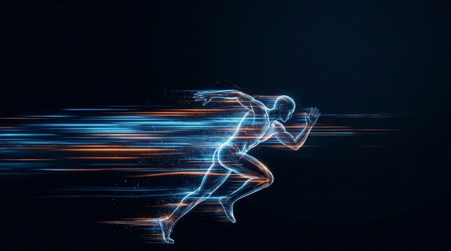 High speed abstract runner silhouette dissolving into glowing digital particles and neon streaks.