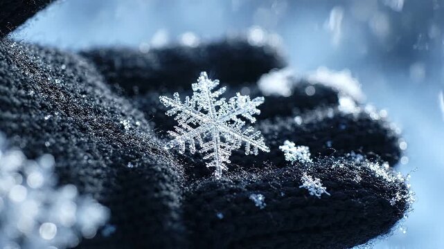 Macro sequence of a delicate snowflake resting on dark wool as falling snow creates a winter nature and seasonal holiday concept