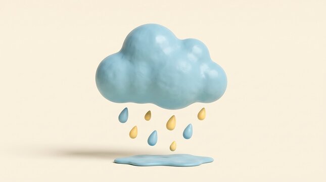 Claymation blue rain cloud with falling raindrops above a puddle on soft cream background illustration