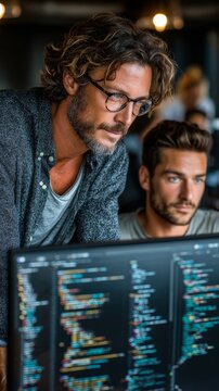 Two men looking at a computer screen displaying code with a blurred background.