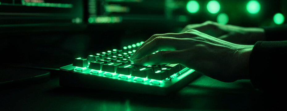 Hands typing on glowing green mechanical keyboard in dark office for software development.