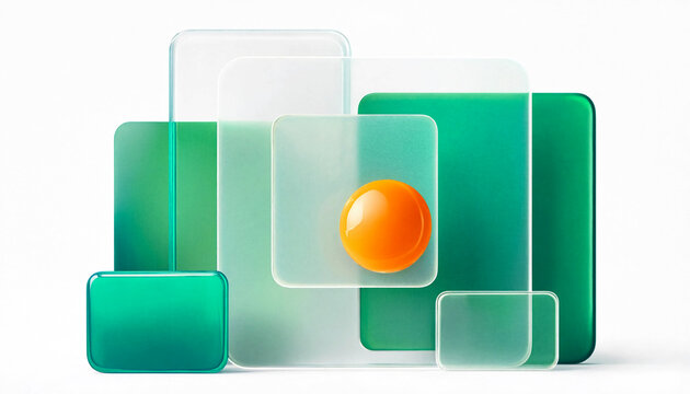 Abstract composition of emerald green glass plates with a single bright orange sphere.
