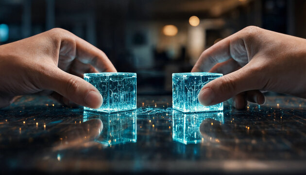 Hands connecting glowing digital data cubes representing network bridge and cloud technology