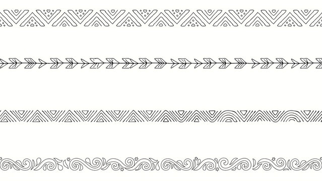 Four horizontal hand drawn tribal pattern borders on white isolated on a transparent background