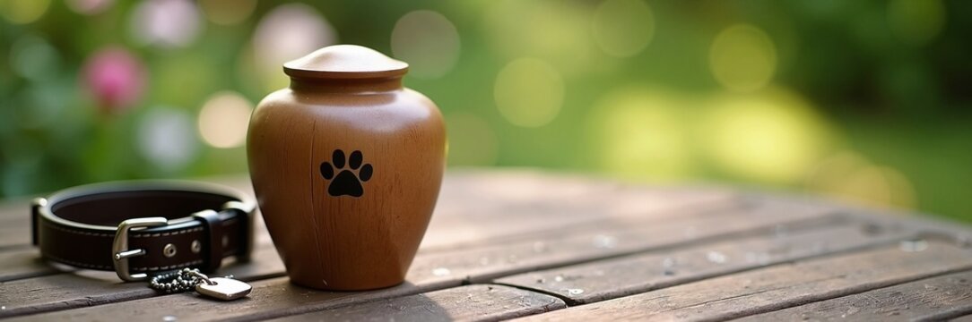 Bronze cremation urn with paw print beside pet collar on wooden table in garden setting. Urn symbolizes remembrance and love for pets lost during funeral rituals.