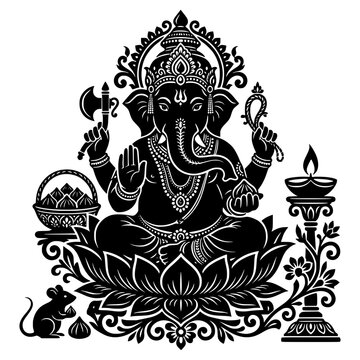 Lord ganesha silhouette vector art with mouse and sweet modak