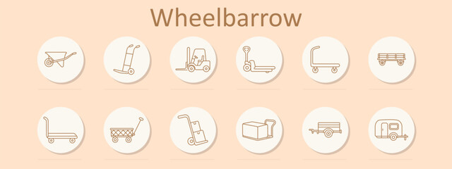 Fototapeta premium Wheelbarrow set icon. Construction carrier, kick scooter, warehouse forklift, pallet jack, platform trolley, utility wagon, flatbed cart, garden hauler, 