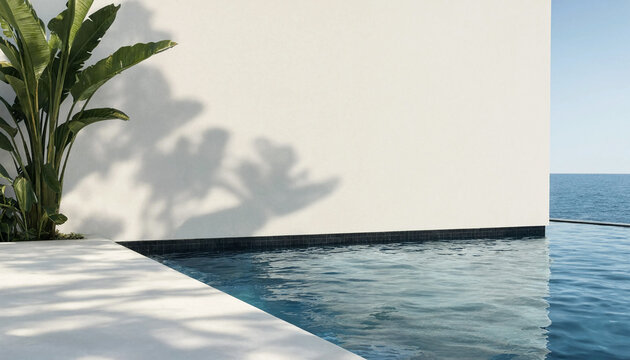 Modern infinity pool with teal water and tropical plant shadow on white wall background