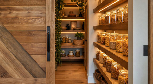 Modern Kitchen Pantry with Sliding Barn Door and Organized Jars